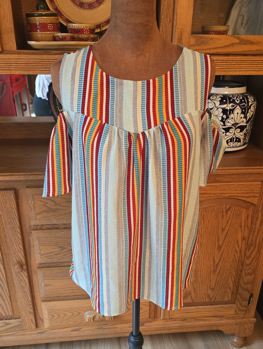 Women's Multi-Stripe Cold-Shoulder Tank Top in Red and Blue